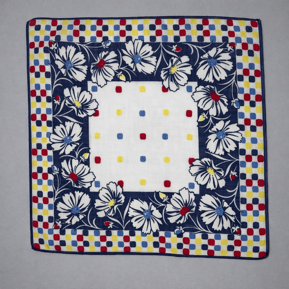VTG Floral Checkerboard Handkerchief Red Blue Yellow Pop Art Retro MCM Hankie